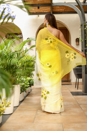 Sunflower Sway (Handpainted Yellow Ombre Sunflower Pure Viscose Chiffon Saree)