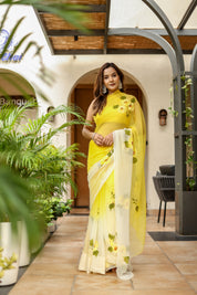 Sunflower Sway (Handpainted Yellow Ombre Sunflower Pure Viscose Chiffon Saree)