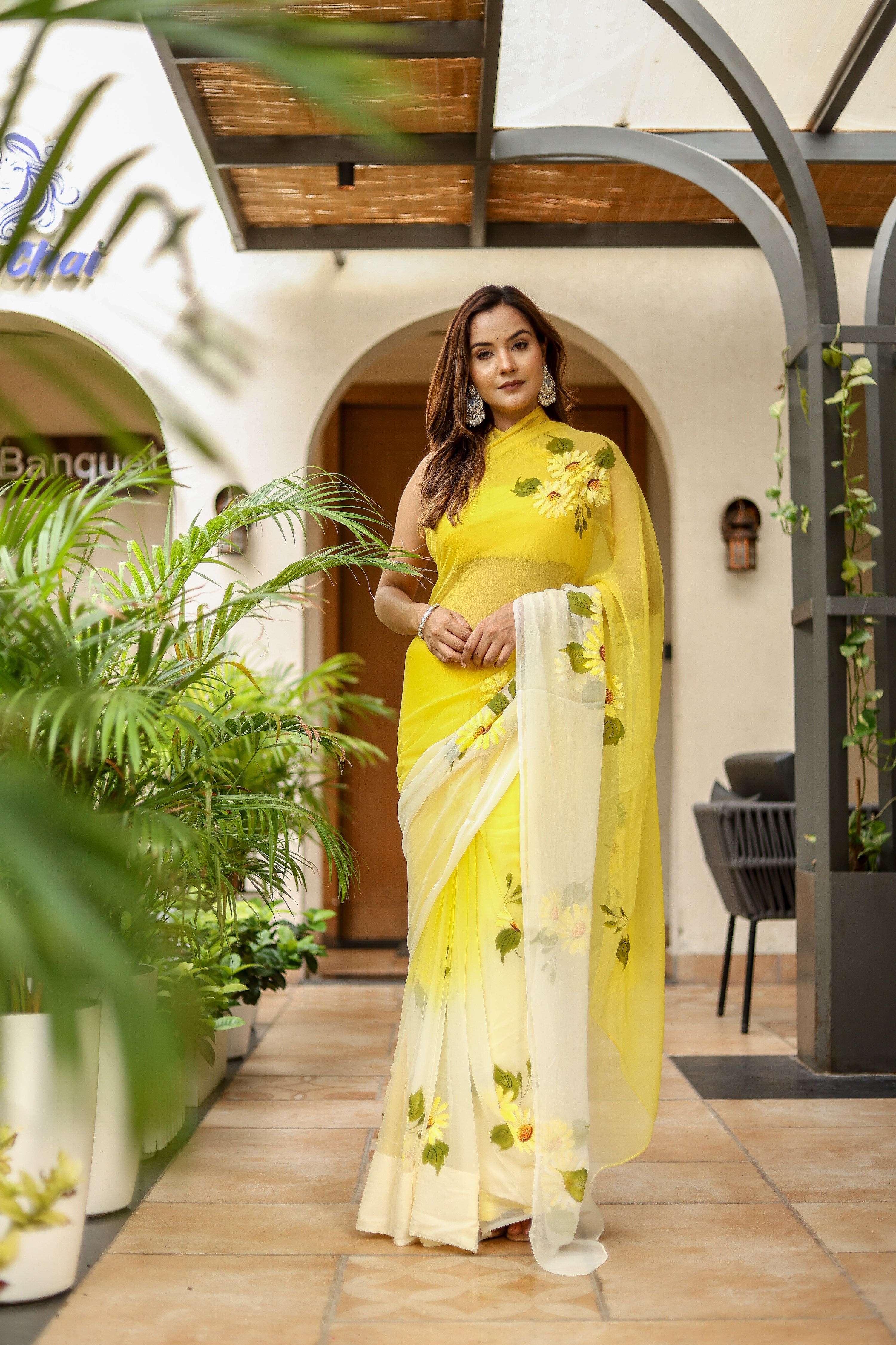Sunflower Sway (Handpainted Yellow Ombre Sunflower Pure Viscose Chiffon Saree)