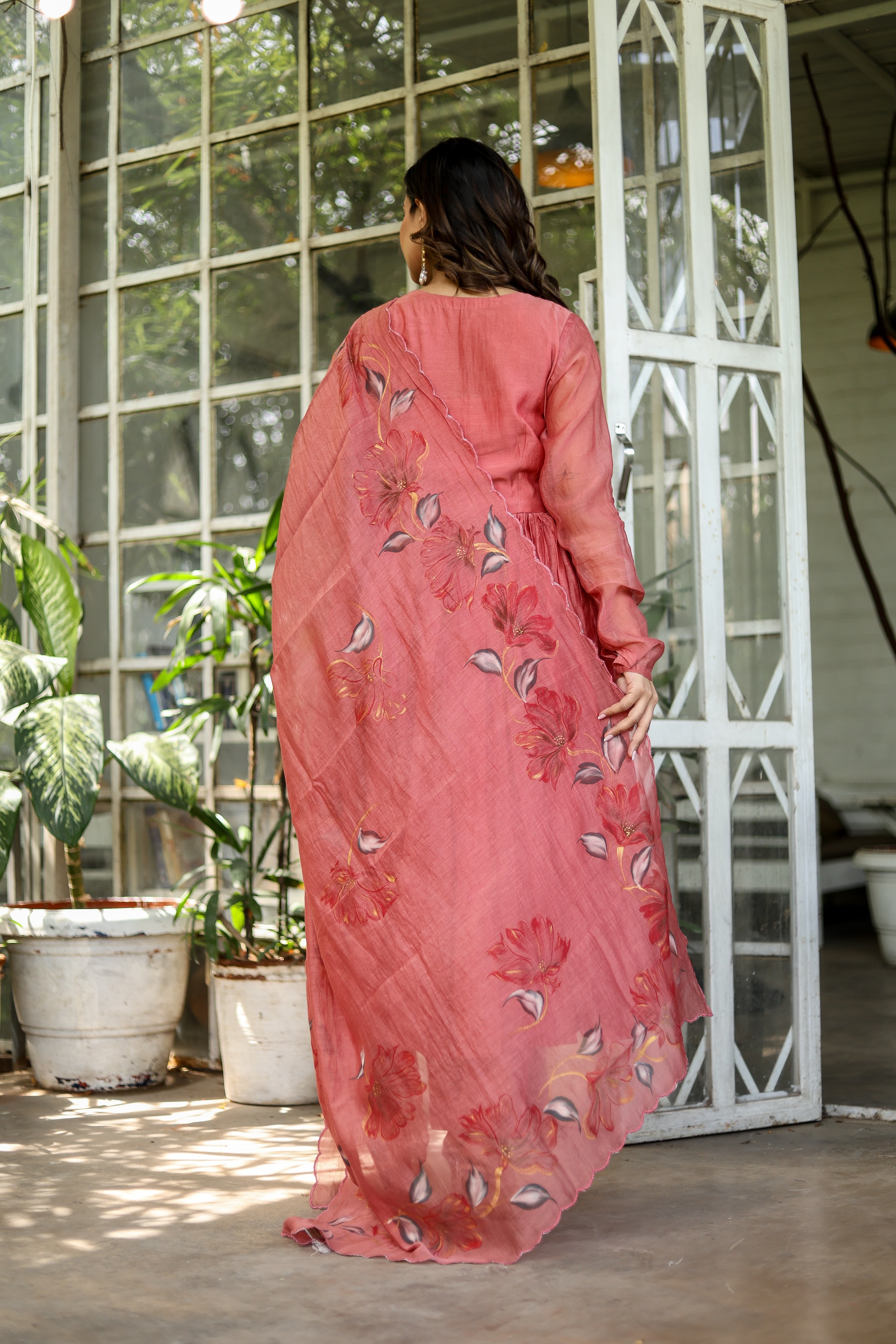 Coral Élan (Handpainted Pure Mul Chanderi Anarkali set)