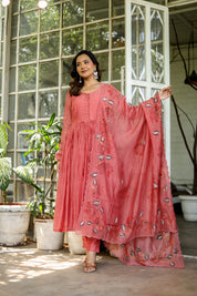 Coral Élan (Handpainted Pure Mul Chanderi Anarkali set)