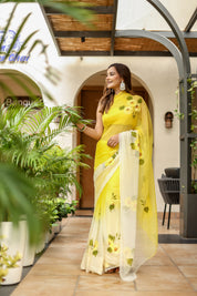 Sunflower Sway (Handpainted Yellow Ombre Sunflower Pure Viscose Chiffon Saree)
