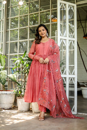 Coral Élan (Handpainted Pure Mul Chanderi Anarkali set)