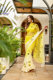 Sunflower Sway (Handpainted Yellow Ombre Sunflower Pure Viscose Chiffon Saree)