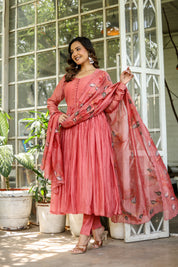 Coral Élan (Handpainted Pure Mul Chanderi Anarkali set)