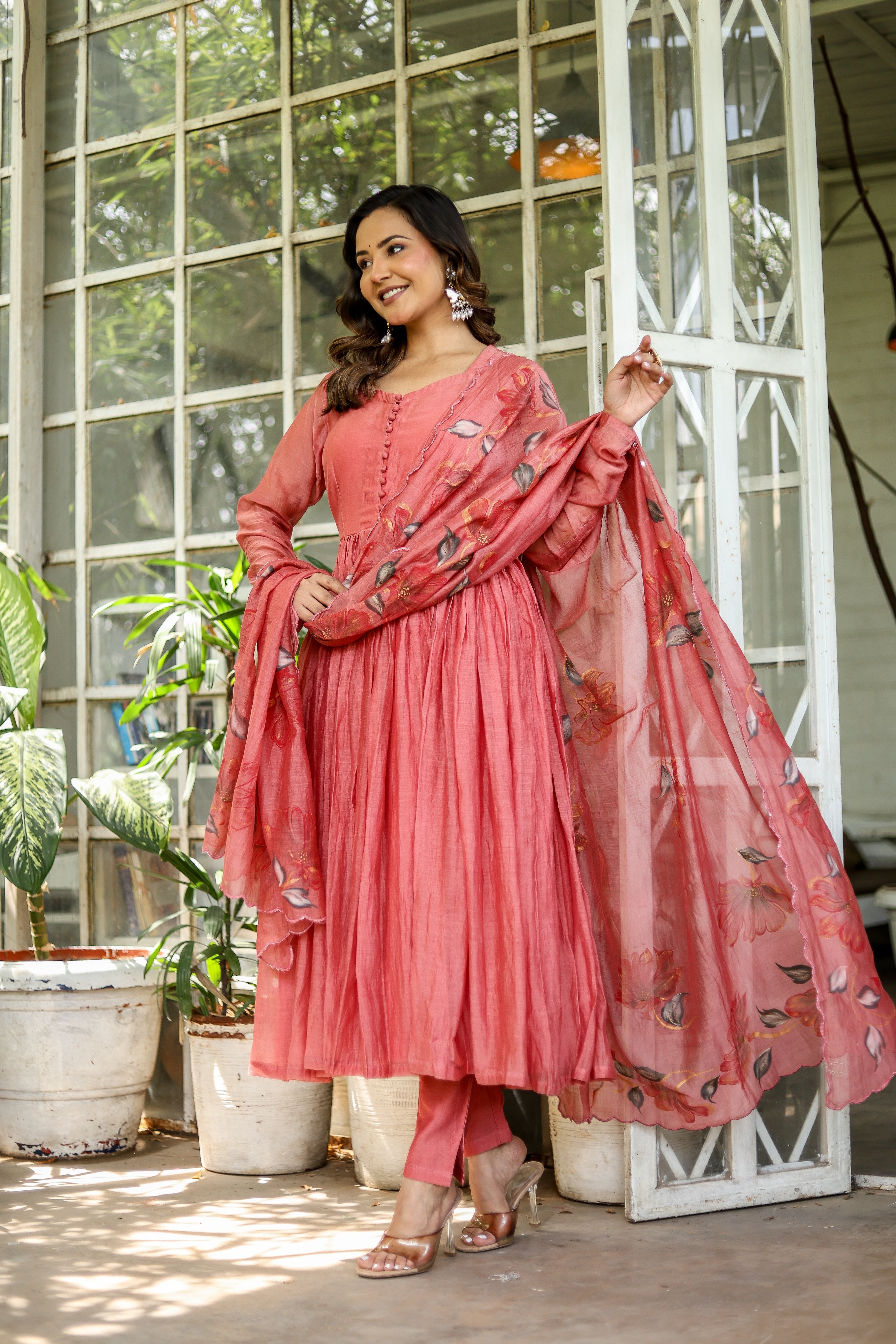 Coral Élan (Handpainted Pure Mul Chanderi Anarkali set)