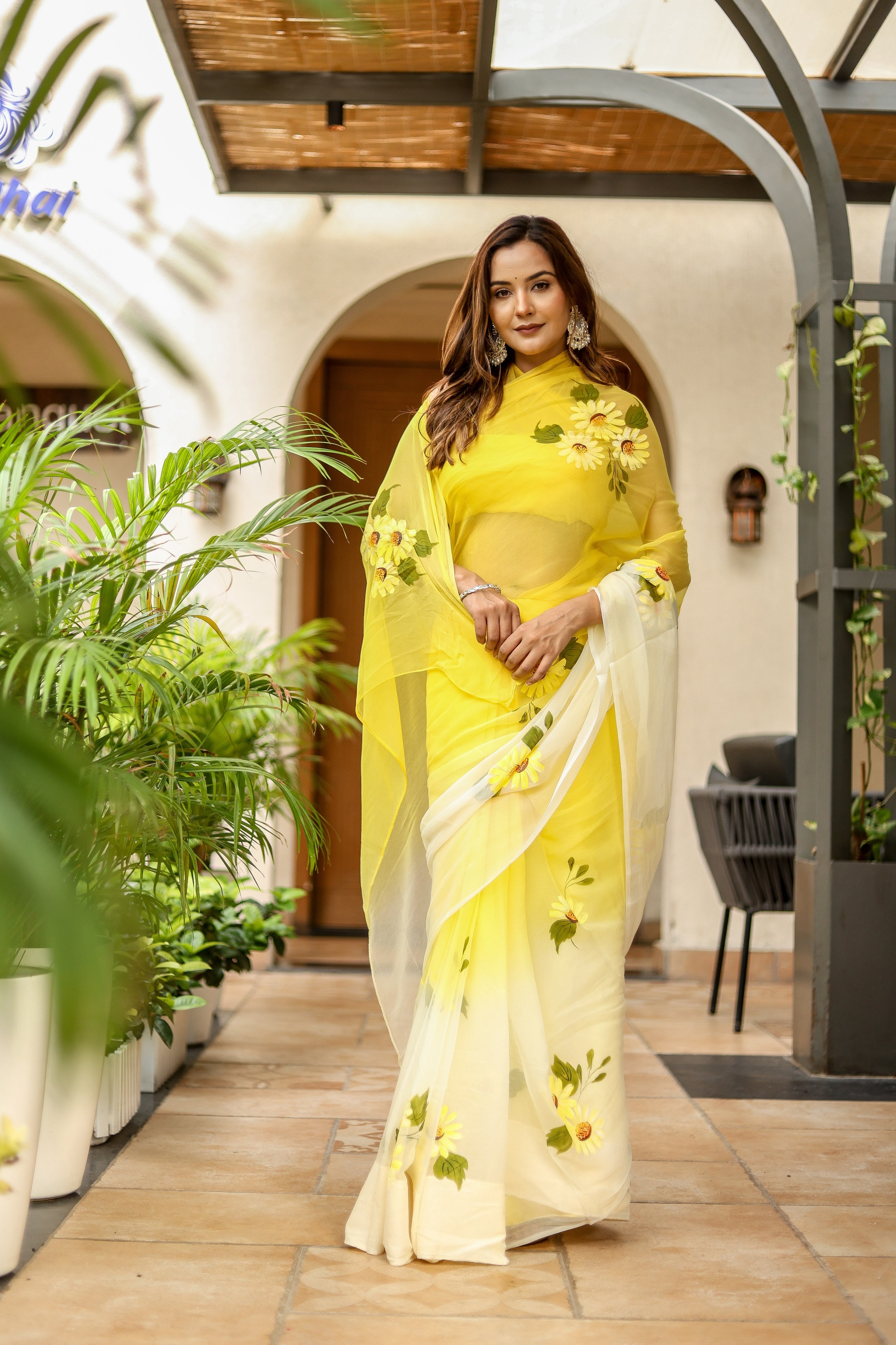 Sunflower Sway (Handpainted Yellow Ombre Sunflower Pure Viscose Chiffon Saree)
