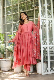 Coral Élan (Handpainted Pure Mul Chanderi Anarkali set)