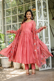 Coral Élan (Handpainted Pure Mul Chanderi Anarkali set)