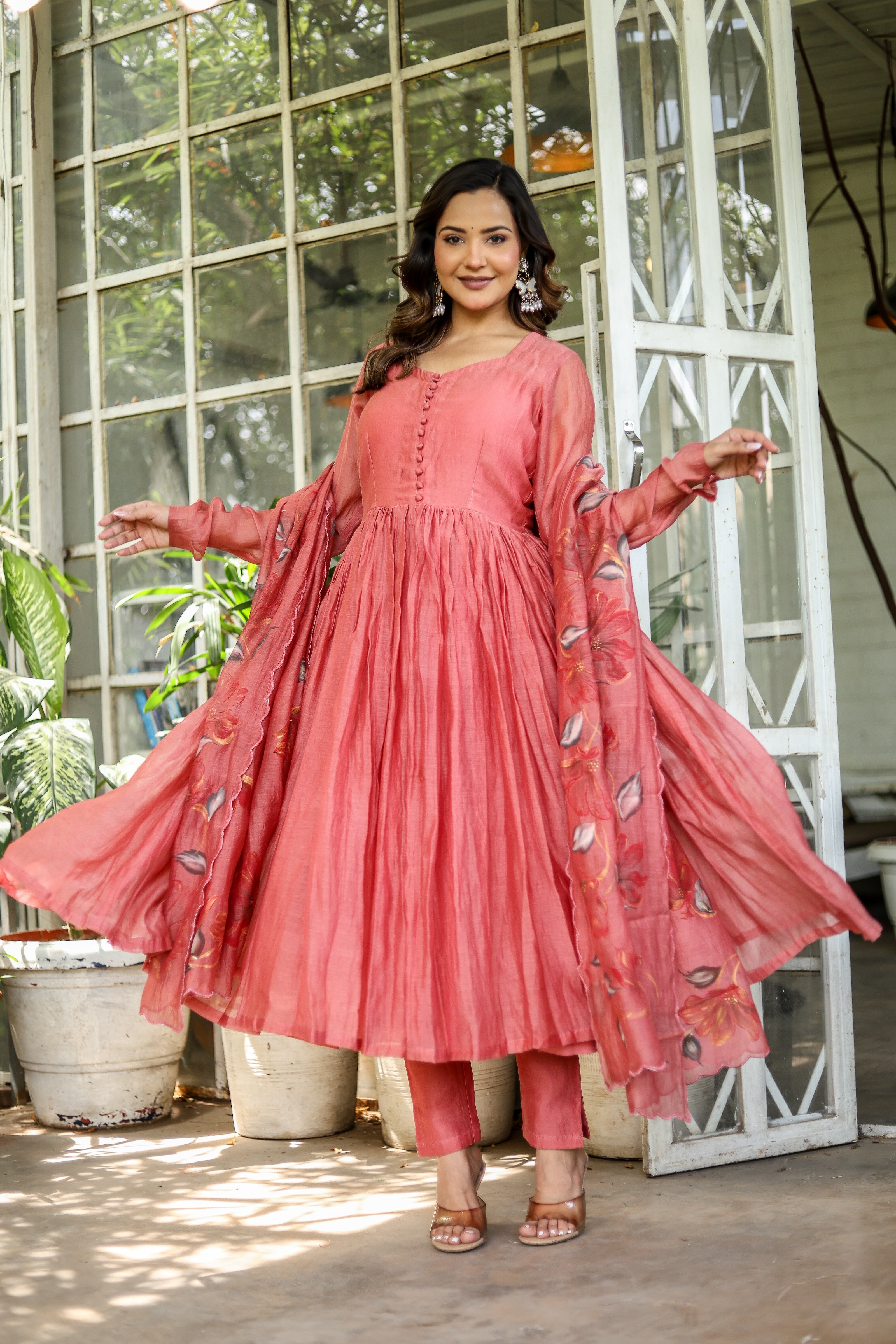 Coral Élan (Handpainted Pure Mul Chanderi Anarkali set)