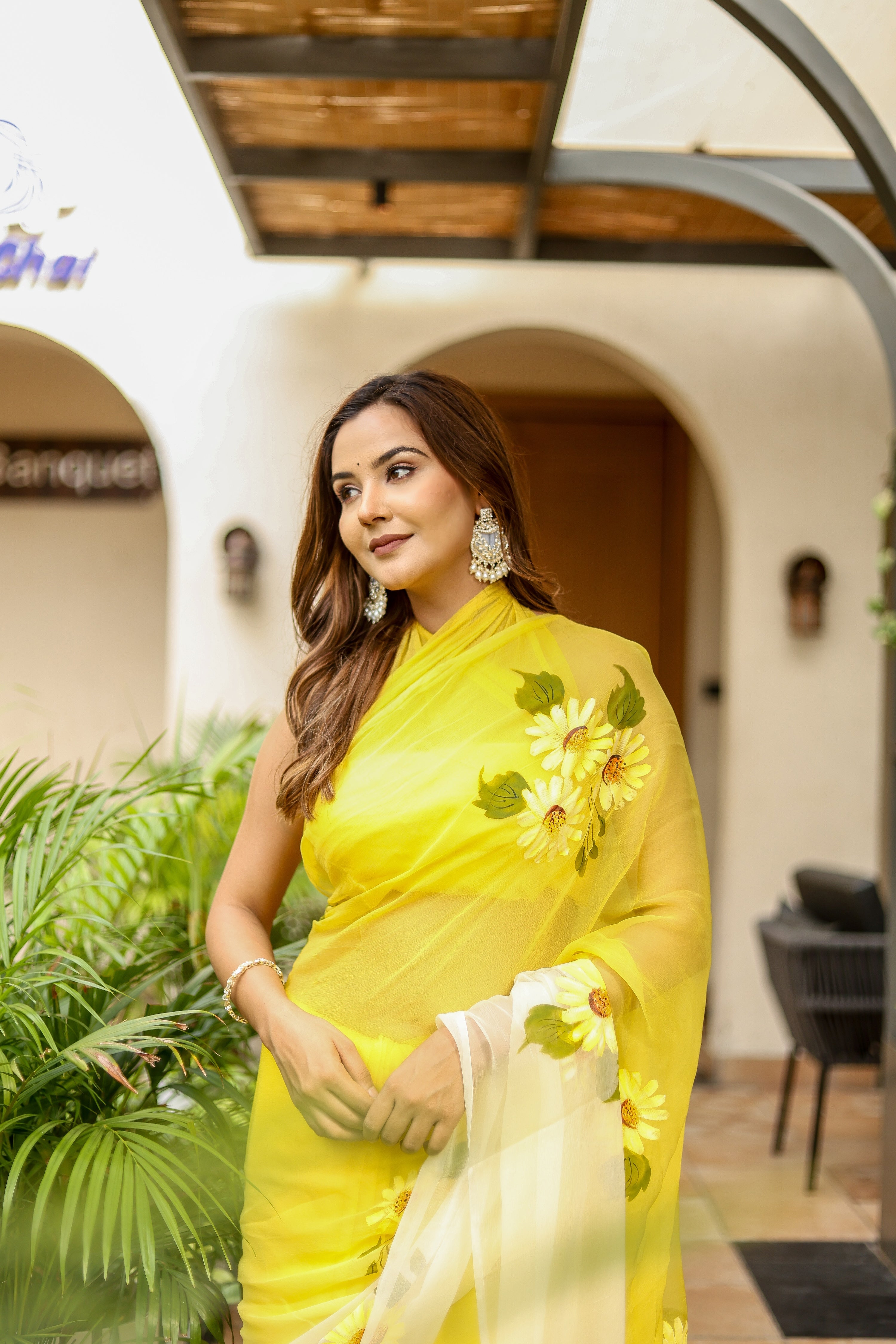 Sunflower Sway (Handpainted Yellow Ombre Sunflower Pure Viscose Chiffon Saree)