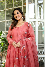 Coral Élan (Handpainted Pure Mul Chanderi Anarkali set)