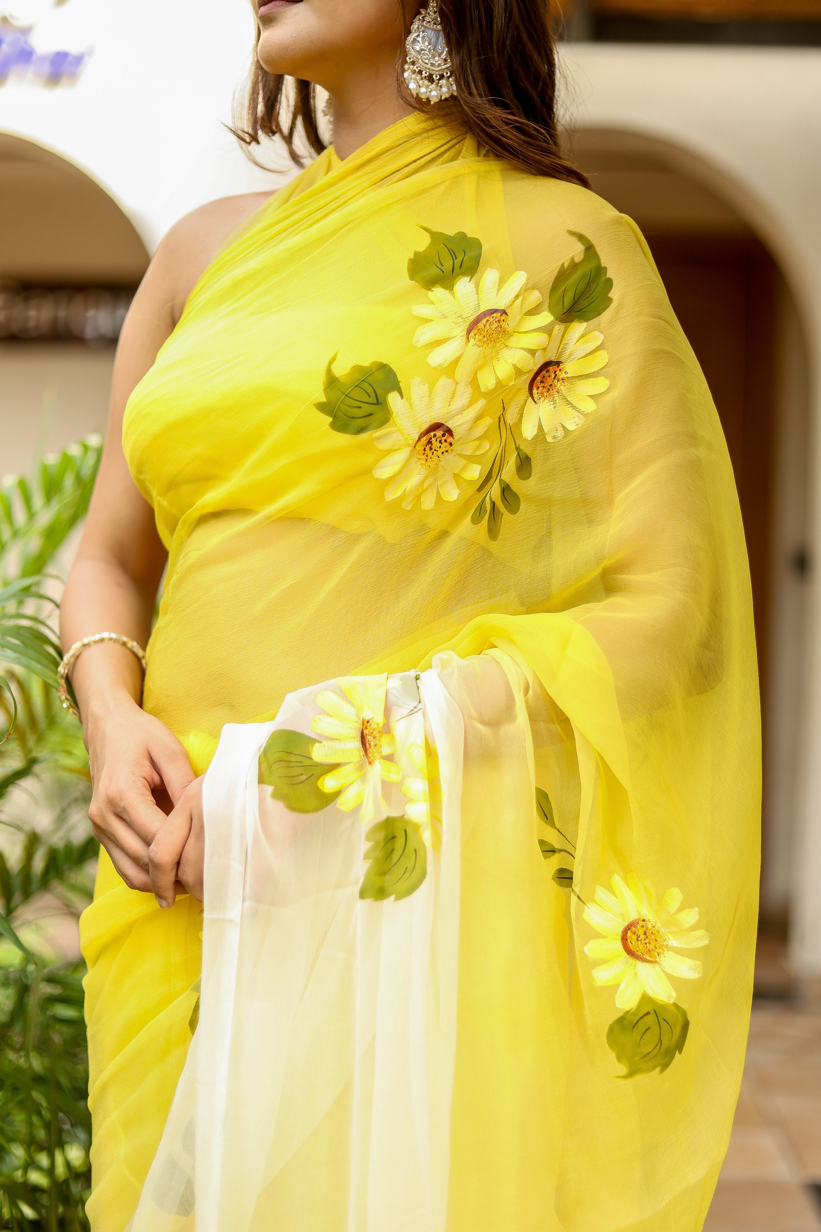 Sunflower Sway (Handpainted Yellow Ombre Sunflower Pure Viscose Chiffon Saree)