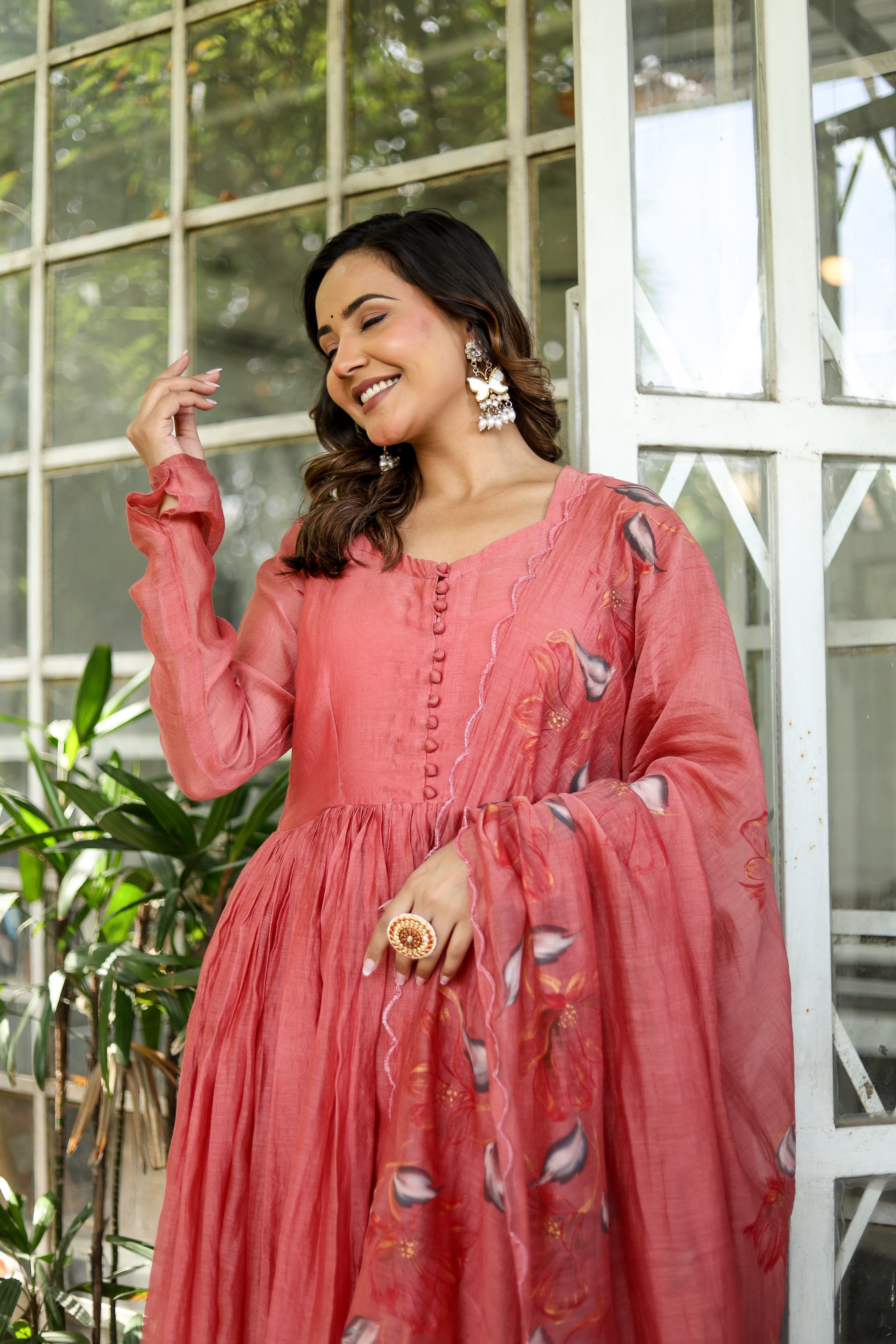 Coral Élan (Handpainted Pure Mul Chanderi Anarkali set)