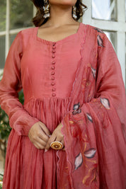 Coral Élan (Handpainted Pure Mul Chanderi Anarkali set)