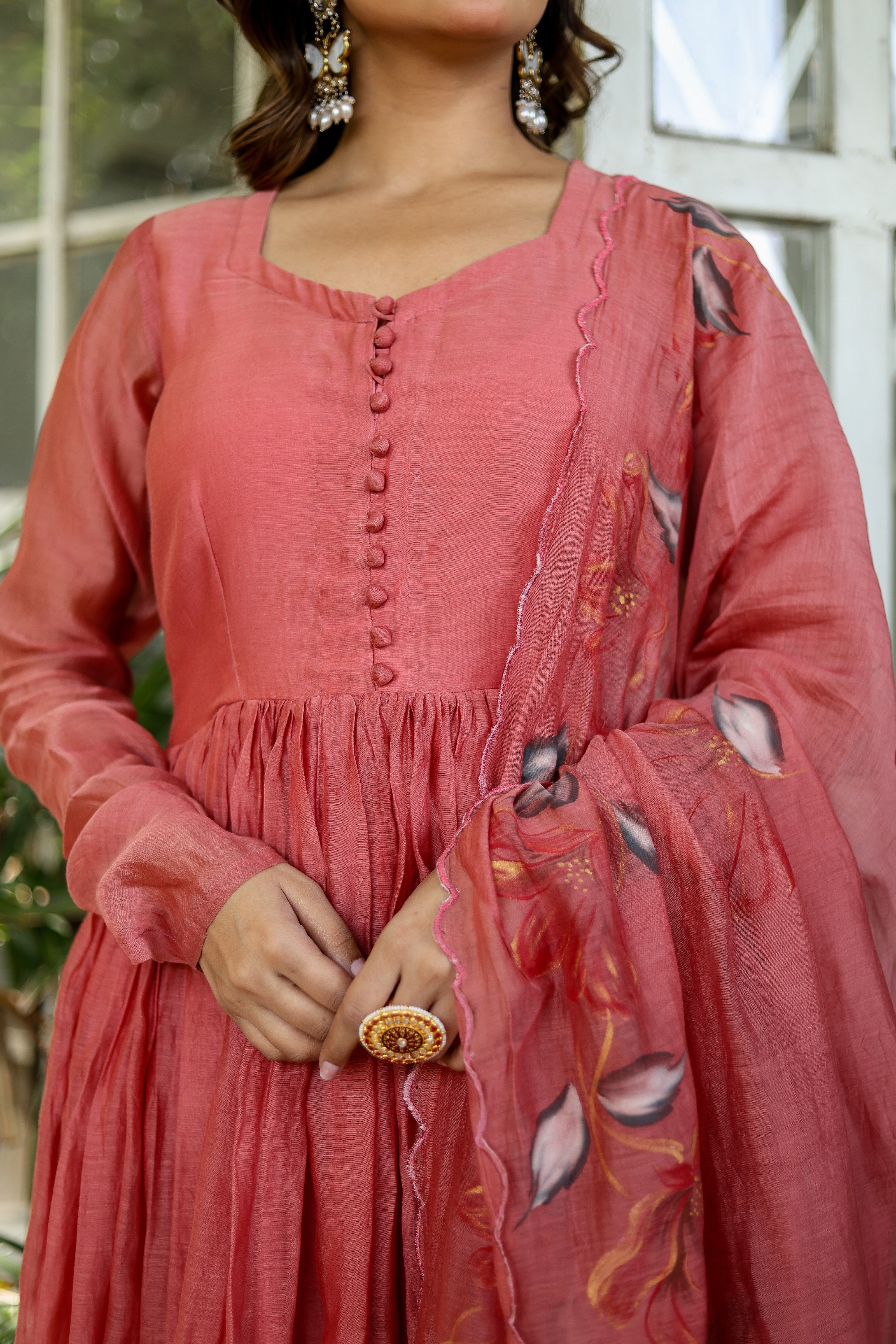 Coral Élan (Handpainted Pure Mul Chanderi Anarkali set)