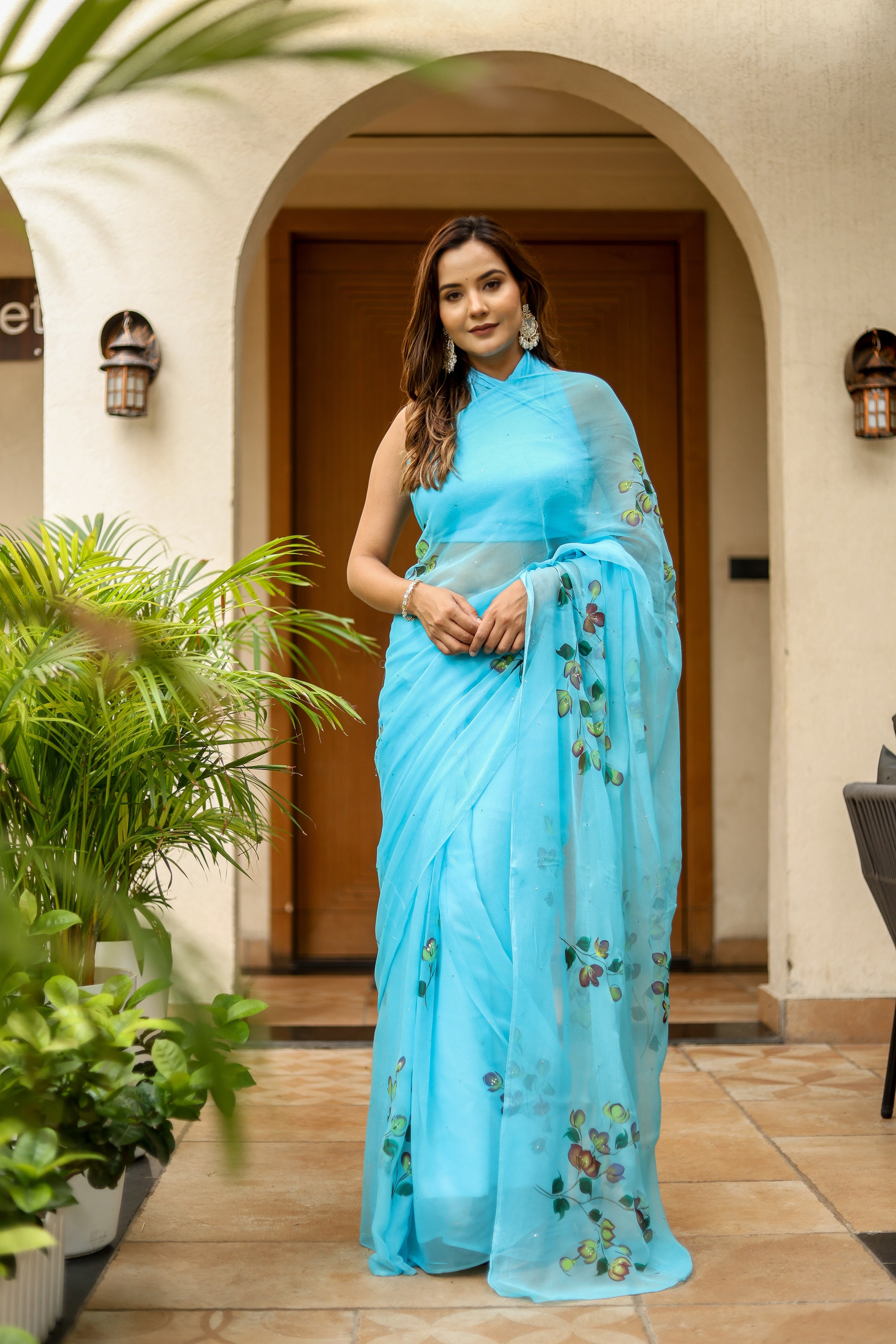 Sky Trail  (Handpainted Blue Pure Viscose Chiffon Saree)