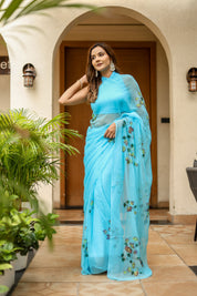 Sky Trail  (Handpainted Blue Pure Viscose Chiffon Saree)