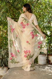 Blush Tulip (Handpainted Tulips on Beige Pure Chiffon Saree)