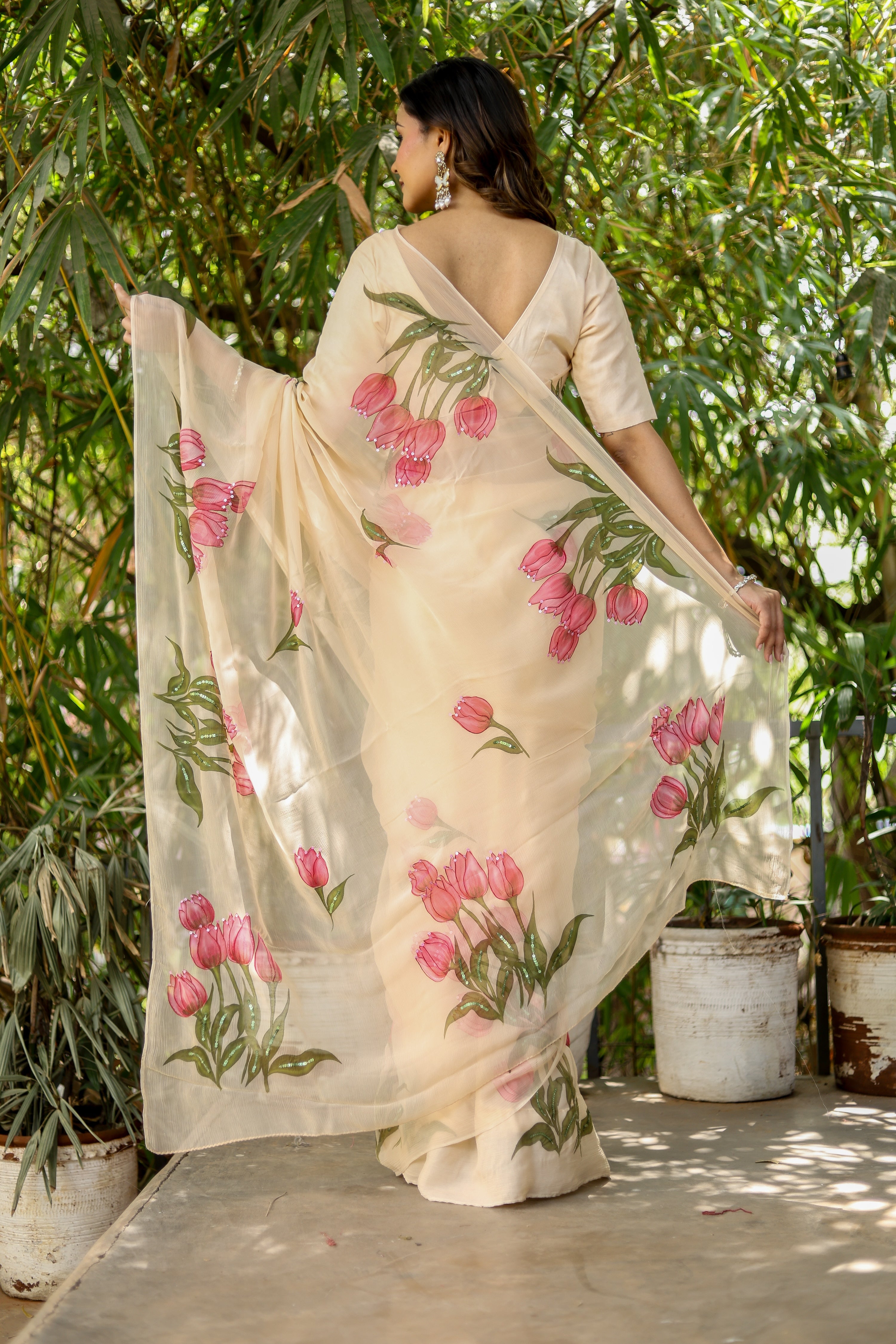 Blush Tulip (Handpainted Tulips on Beige Pure Chiffon Saree)
