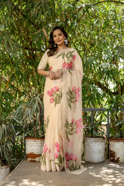 Blush Tulip (Handpainted Tulips on Beige Pure Chiffon Saree)