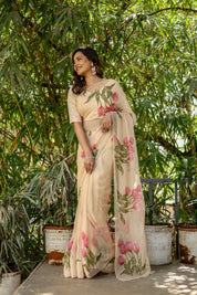 Blush Tulip (Handpainted Tulips on Beige Pure Chiffon Saree)