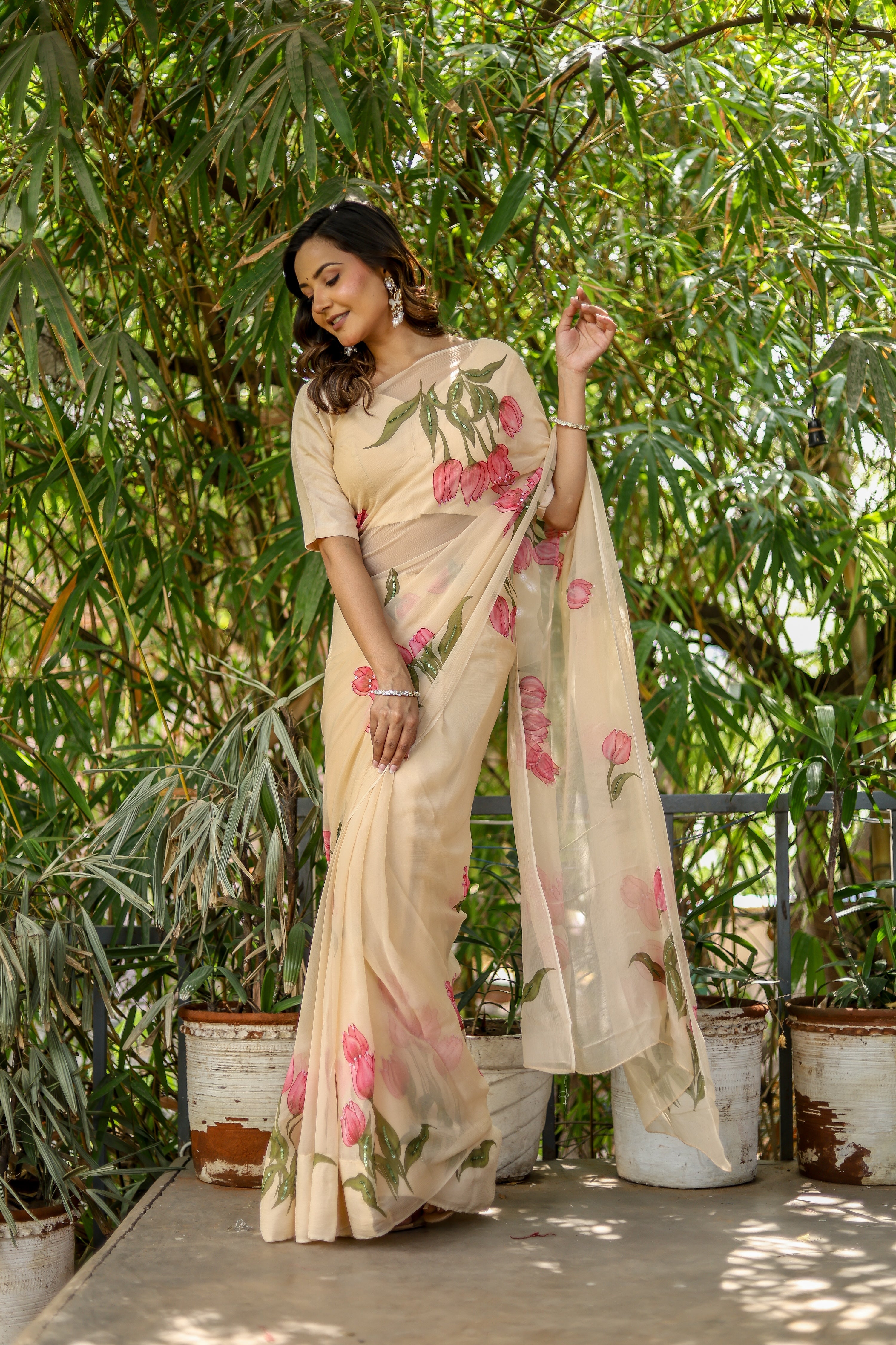 Blush Tulip (Handpainted Tulips on Beige Pure Chiffon Saree)