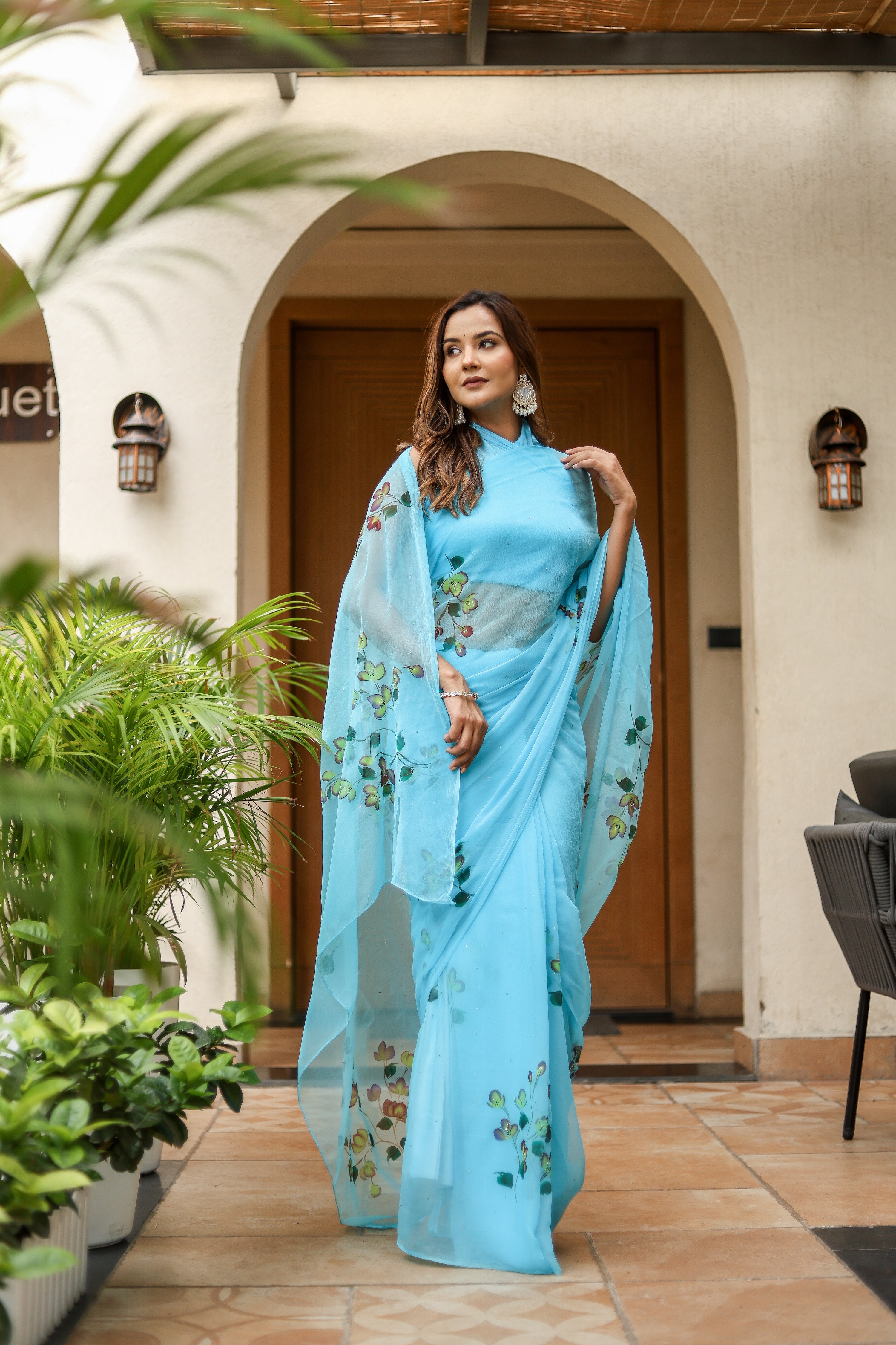 Sky Trail  (Handpainted Blue Pure Viscose Chiffon Saree)