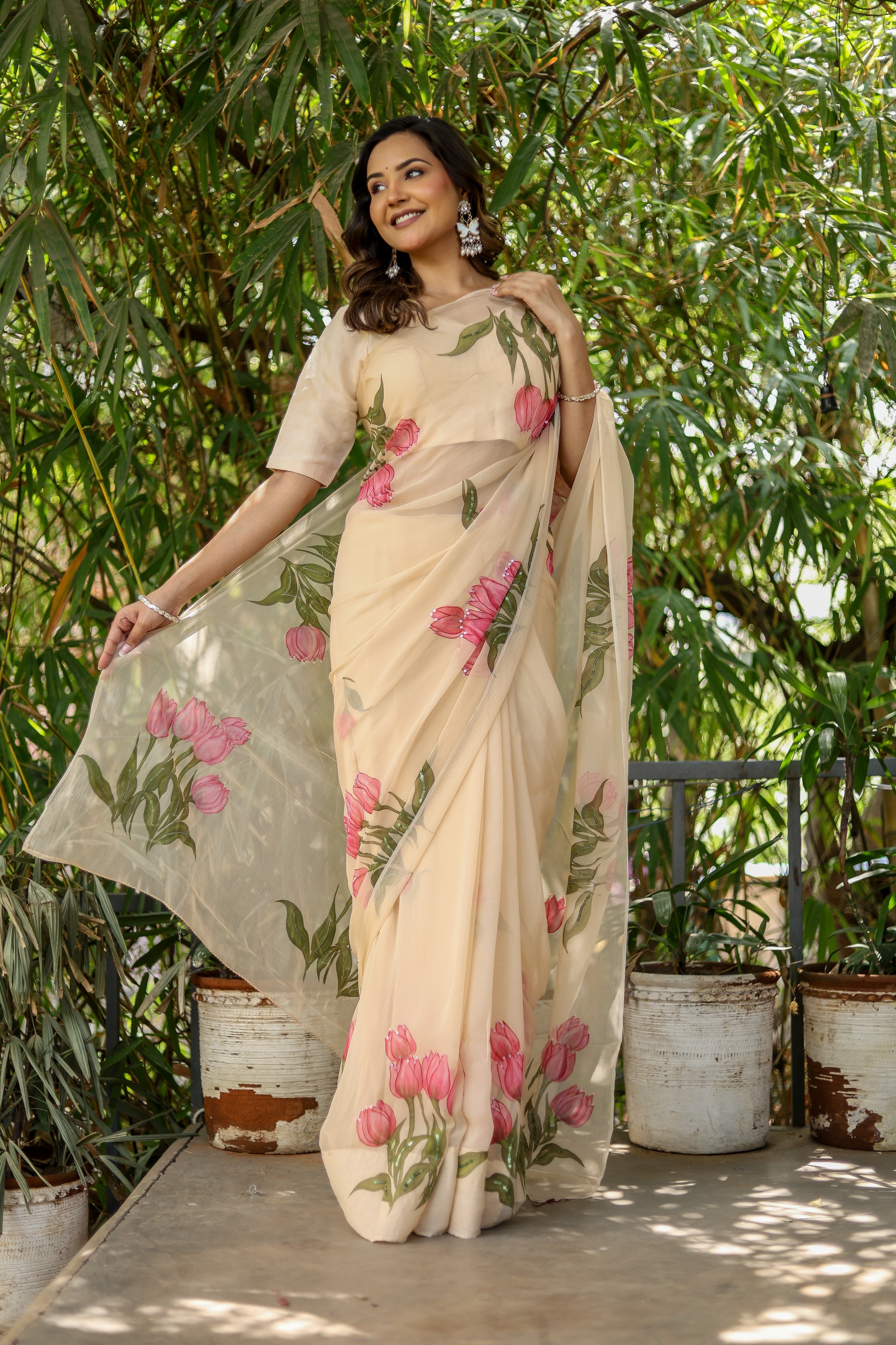 Blush Tulip (Handpainted Tulips on Beige Pure Chiffon Saree)