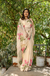 Blush Tulip (Handpainted Tulips on Beige Pure Chiffon Saree)