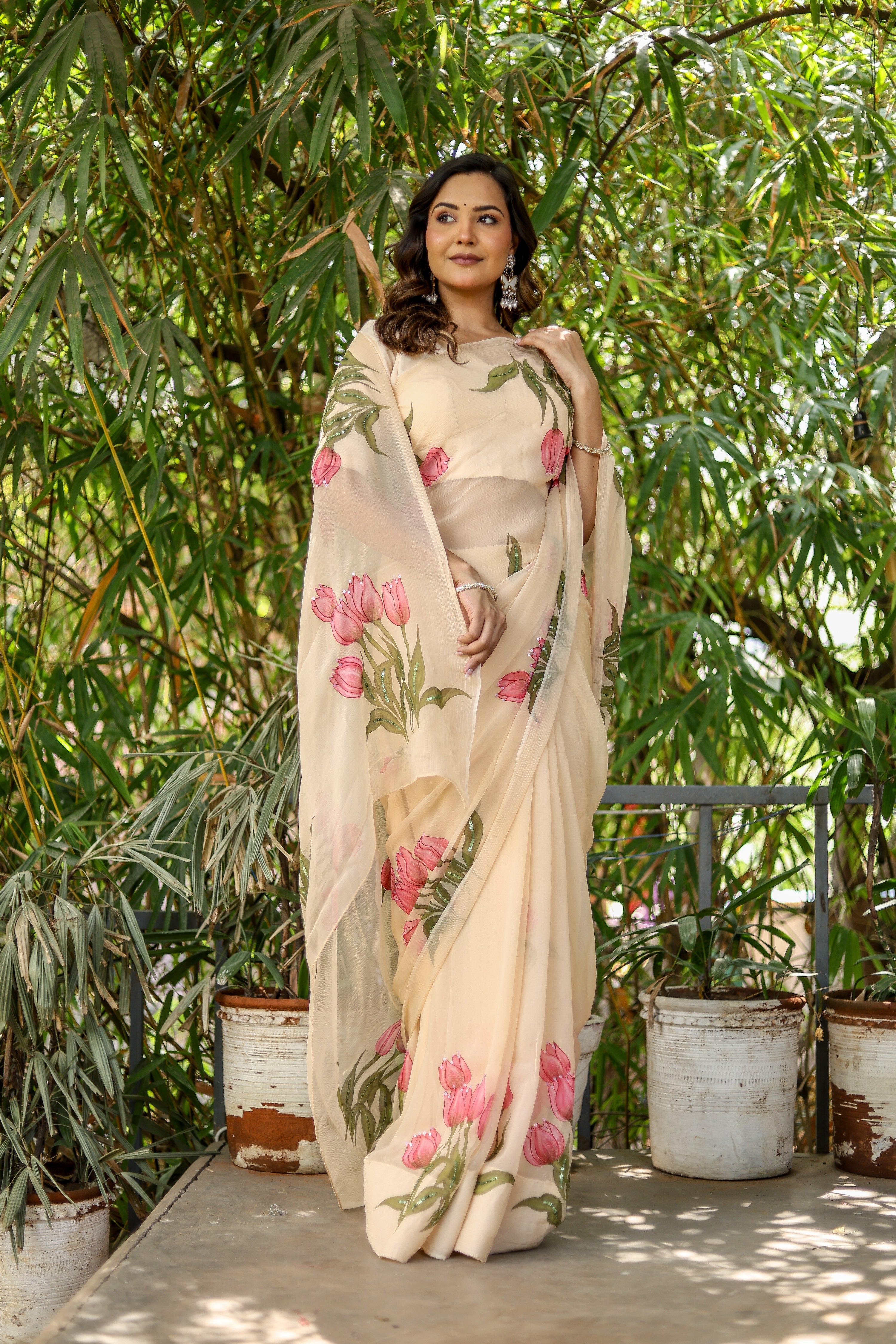 Blush Tulip (Handpainted Tulips on Beige Pure Chiffon Saree)