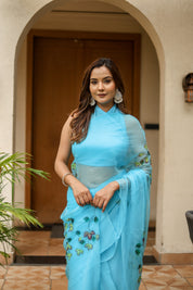 Sky Trail  (Handpainted Blue Pure Viscose Chiffon Saree)