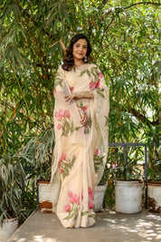 Blush Tulip (Handpainted Tulips on Beige Pure Chiffon Saree)