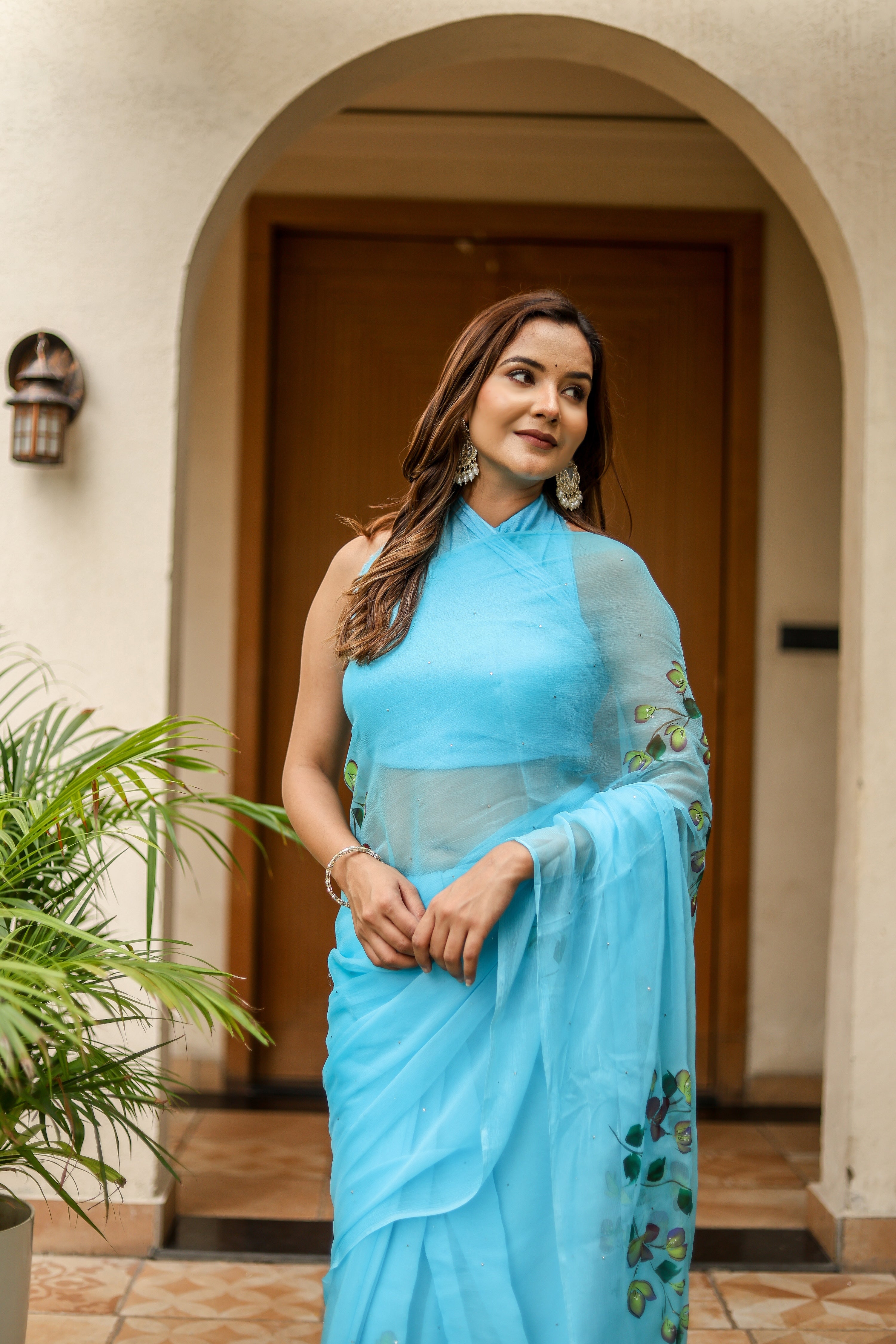 Sky Trail  (Handpainted Blue Pure Viscose Chiffon Saree)