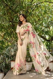 Blush Tulip (Handpainted Tulips on Beige Pure Chiffon Saree)