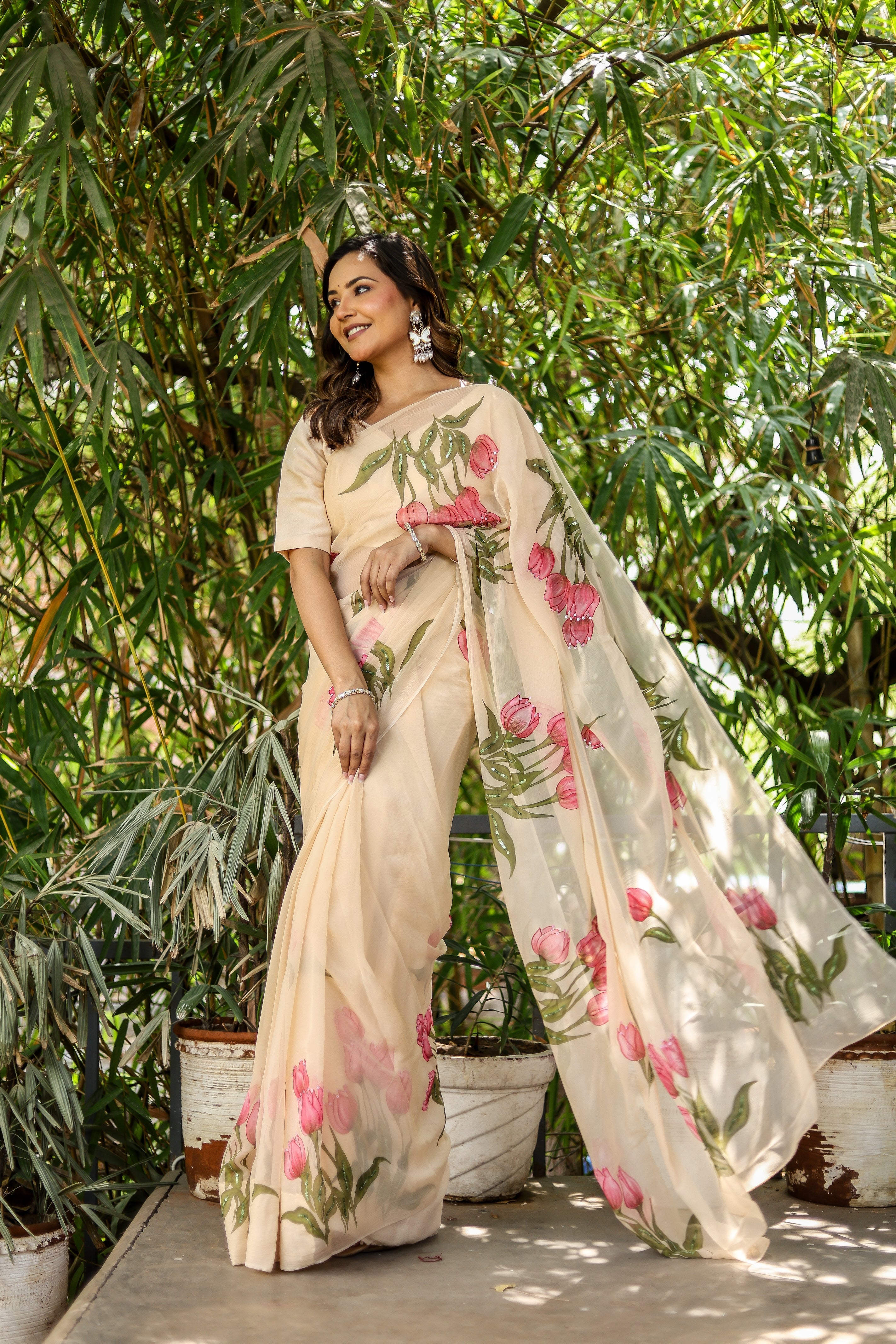 Blush Tulip (Handpainted Tulips on Beige Pure Chiffon Saree)