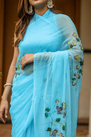 Sky Trail  (Handpainted Blue Pure Viscose Chiffon Saree)