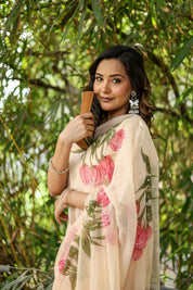 Blush Tulip (Handpainted Tulips on Beige Pure Chiffon Saree)