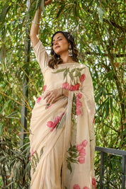 Blush Tulip (Handpainted Tulips on Beige Pure Chiffon Saree)