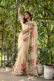 Blush Tulip (Handpainted Tulips on Beige Pure Chiffon Saree)
