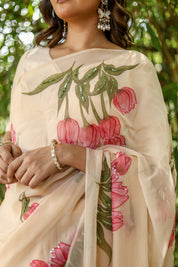 Blush Tulip (Handpainted Tulips on Beige Pure Chiffon Saree)
