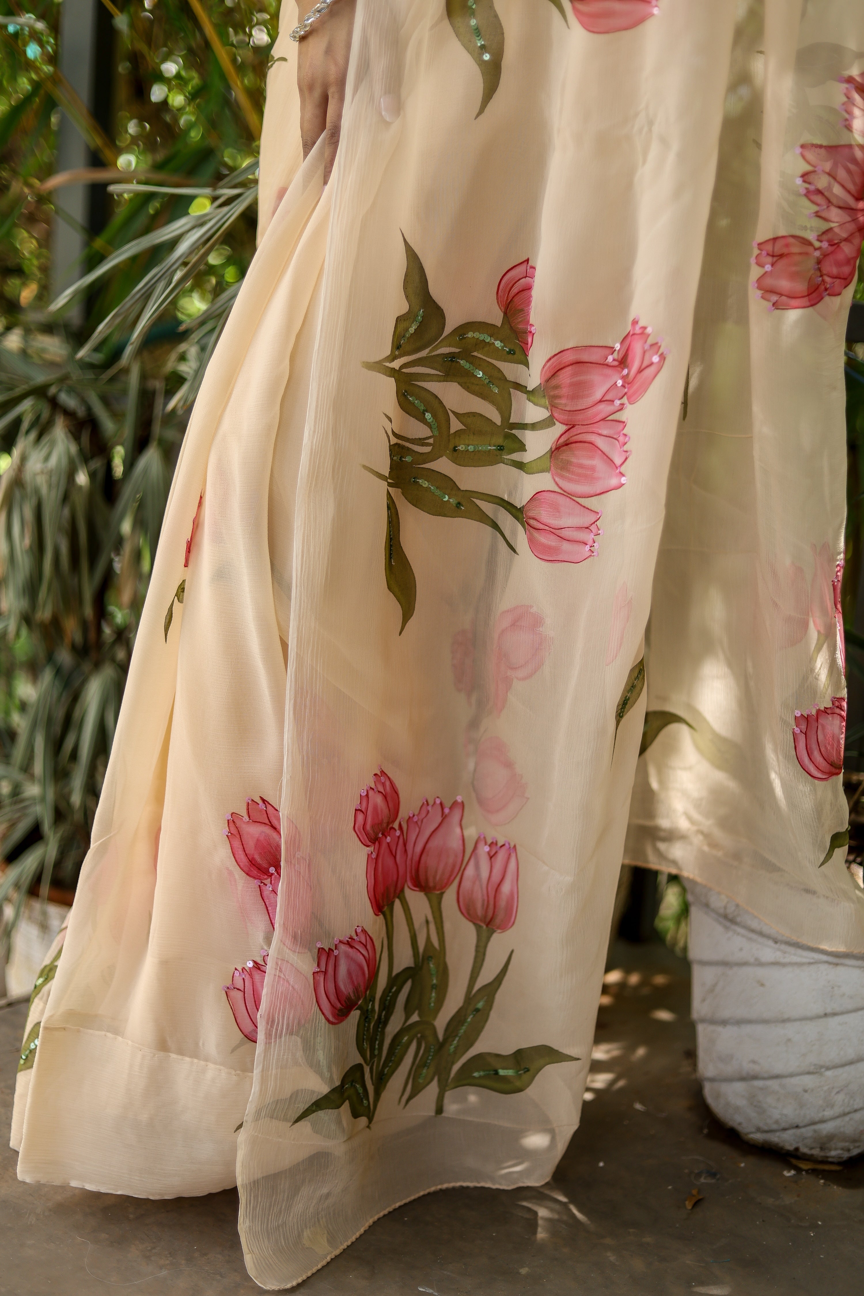 Blush Tulip (Handpainted Tulips on Beige Pure Chiffon Saree)