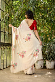 Crimson Bloom (Handpainted and Embroidered Crepe Saree)