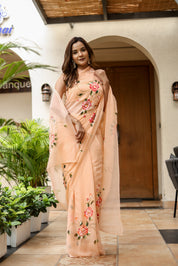 Peach Serenade (Handpainted Peach Georgette Saree)