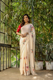 Crimson Bloom (Handpainted and Embroidered Crepe Saree)
