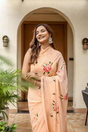 Peach Serenade (Handpainted Peach Georgette Saree)