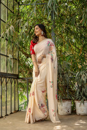 Crimson Bloom (Handpainted and Embroidered Crepe Saree)