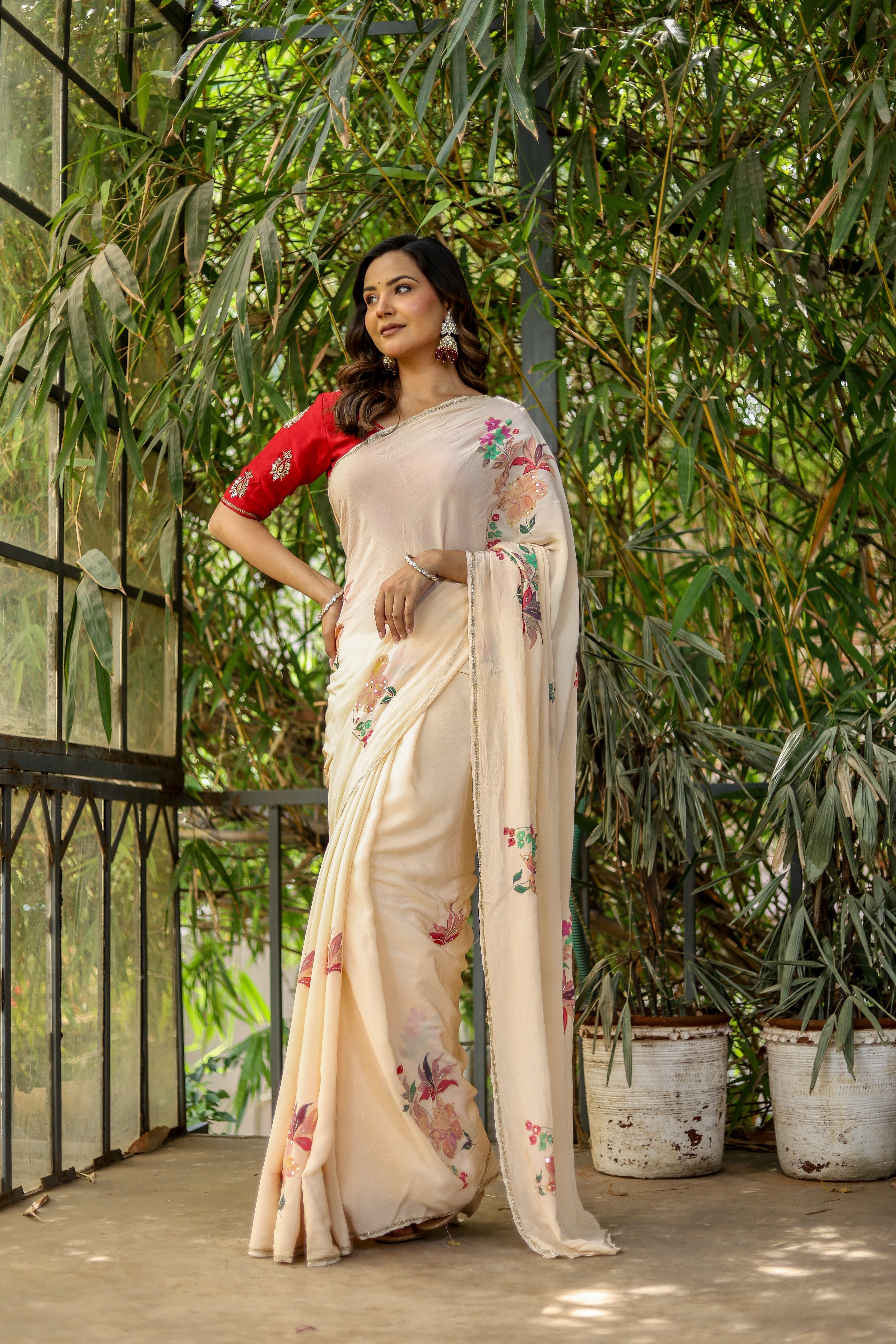 Crimson Bloom (Handpainted and Embroidered Crepe Saree)