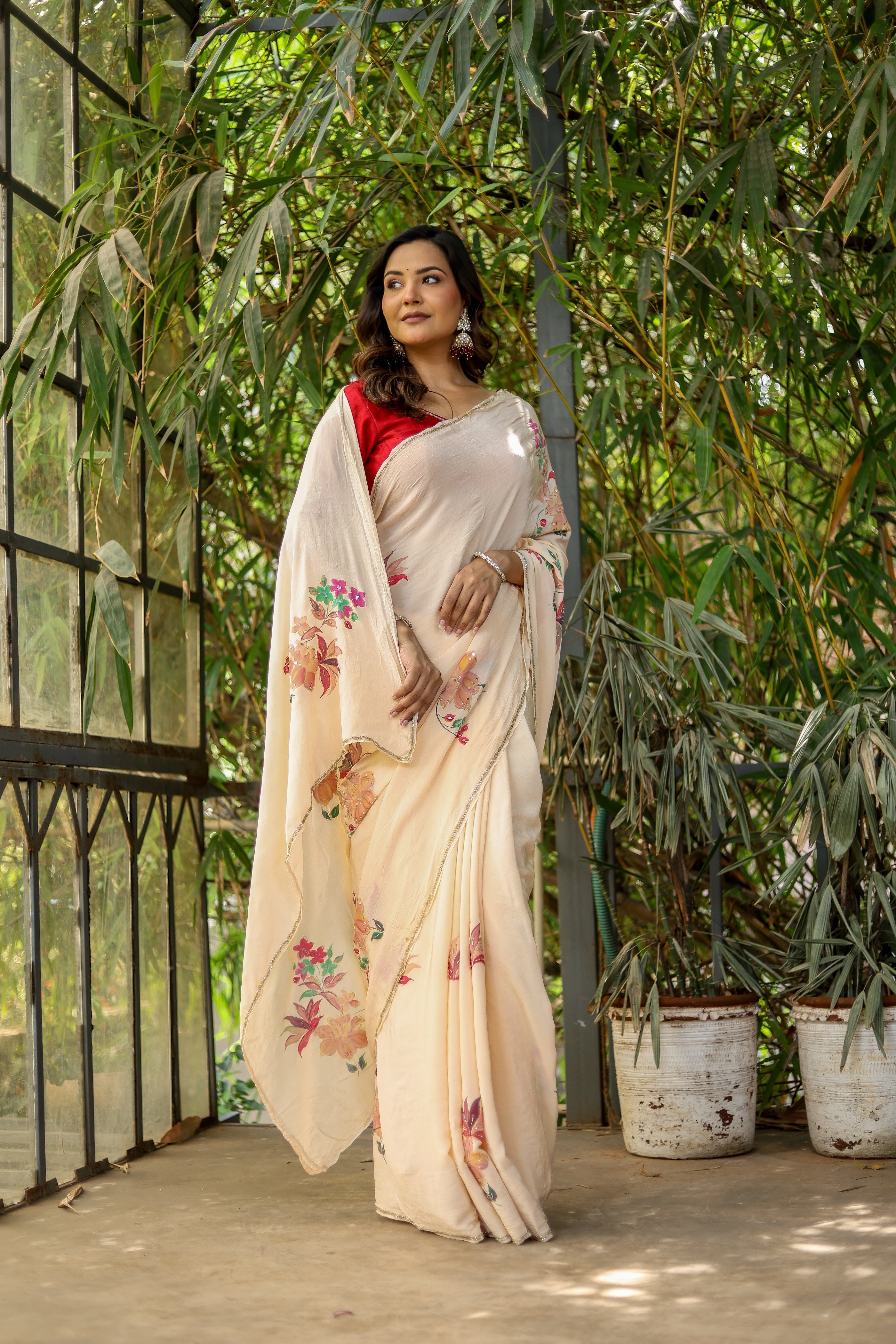 Crimson Bloom (Handpainted and Embroidered Crepe Saree)