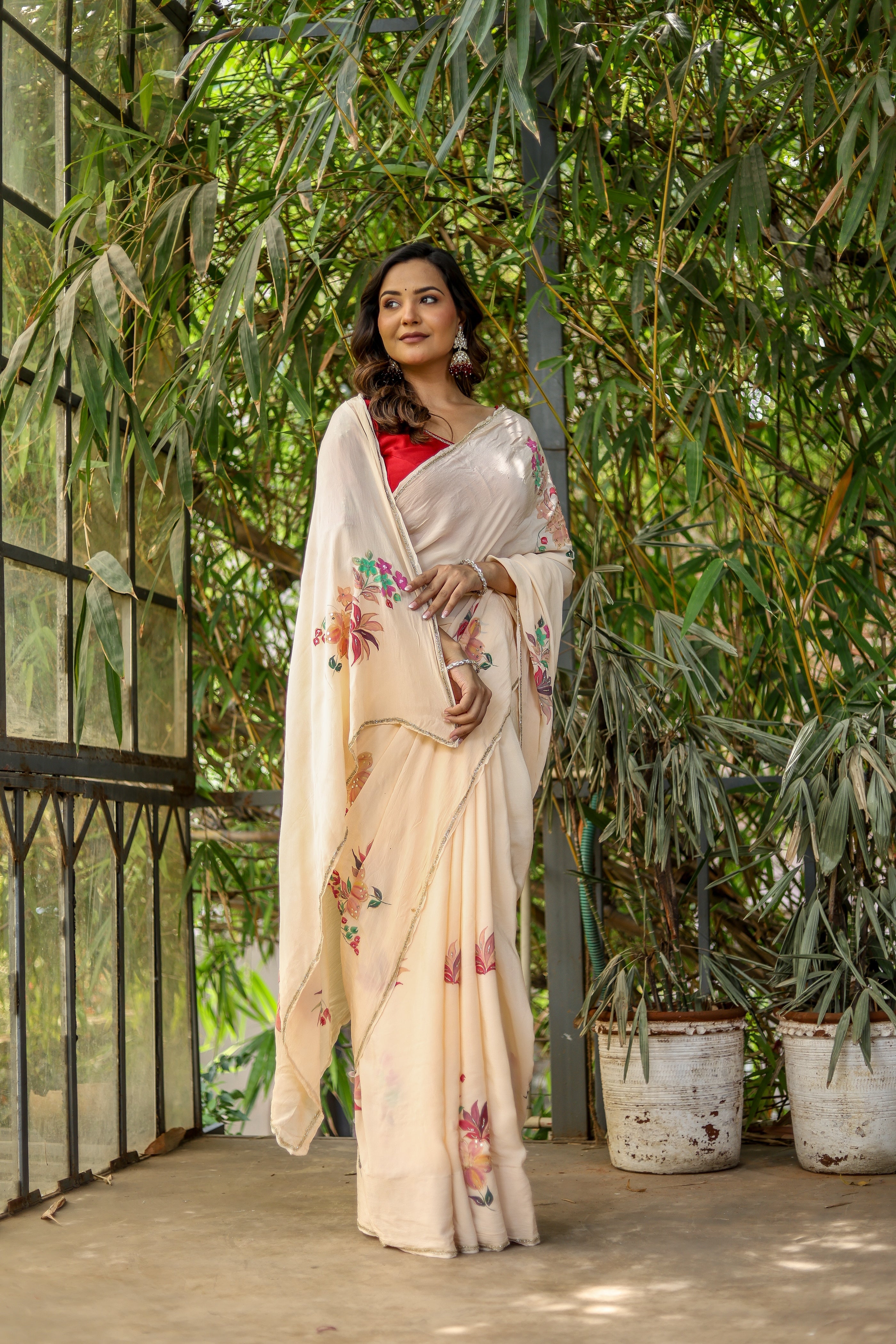 Crimson Bloom (Handpainted and Embroidered Crepe Saree)